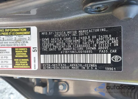 2018 Toyota Camry Le z USA, uszkodzony, nr VIN 4T1B11HK5JU016895